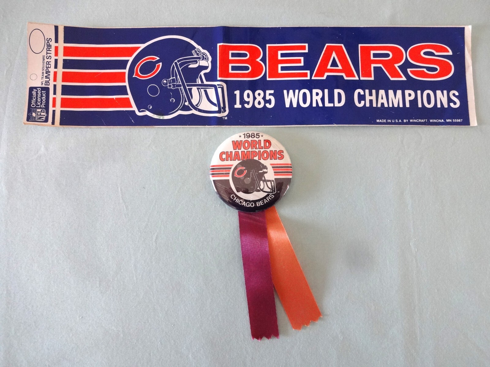 Vintage 1985 Chicago Bears World Champions Pin & Bumper Sticker eBay