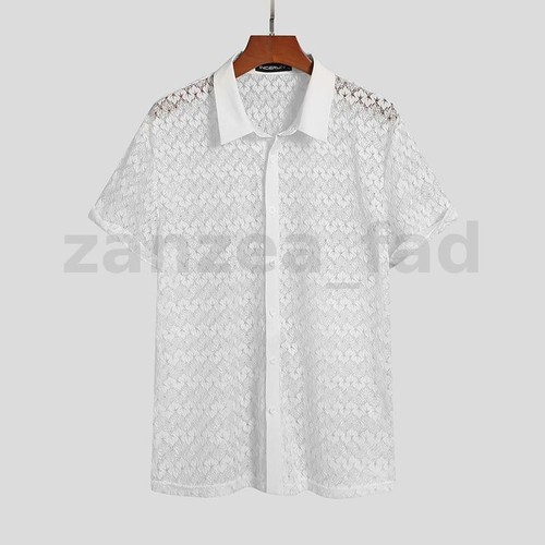 Sexy Mens Lace Short Sleeve Shirts Floral Mesh Tops Slim Fit Clubwear Party Tee - Picture 3 of 11