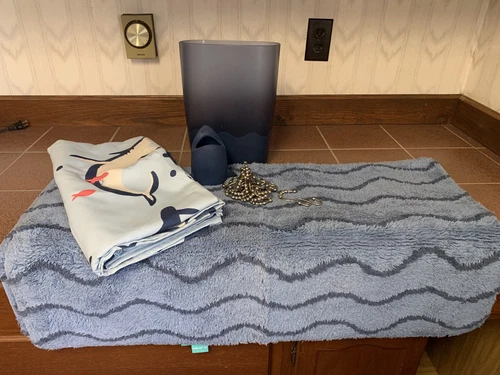 Shark Bathroom Set: Shower Curtain, Hooks, Trash Can, Two Rug, Toothbrush Holder