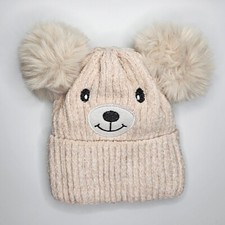 Kids Teddy Bear Knit White Pom Pom Beanie Sherpa Lined Soft Winter Hat Gift