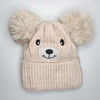 Kids Teddy Bear Knit White Pom Pom Beanie Sherpa Lined Soft  display picture 3