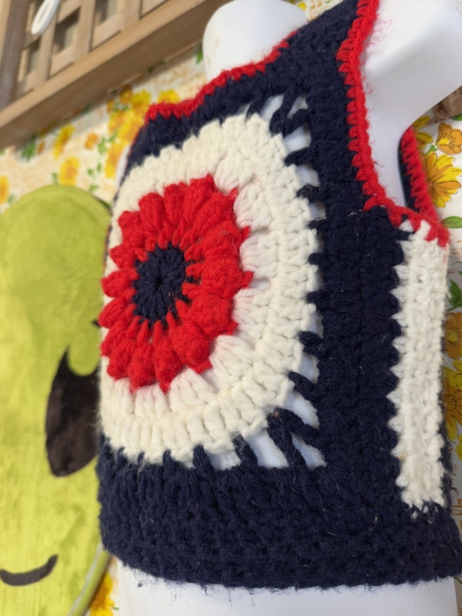 Vintage Granny Square Knit Crochet Sweater Vest Red Blue