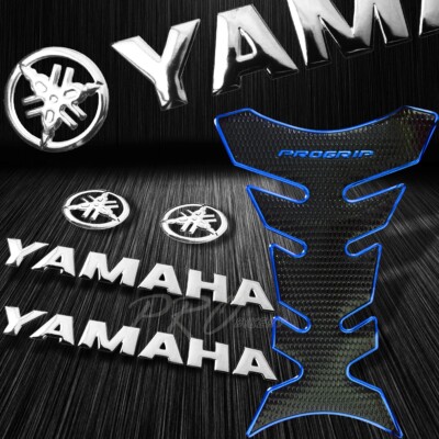 Pro Chrome Blue Fuel Grip Tank Pad+8'' Yamaha Logo&Letter Fairing Emblem Sticker