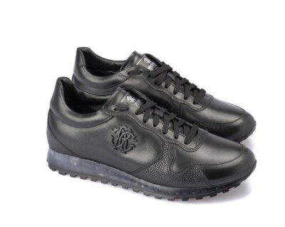 ROBERTO CAVALLI BLACK MEN S 100% LEATHER TRANSPARENT SHOES SNEAKERS US12/EU46