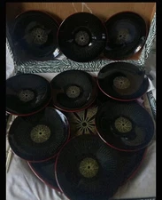 VTG Yamanaka Lacquerware Large 11 Set Black Gold Rice Bowl Plates Japanese Box