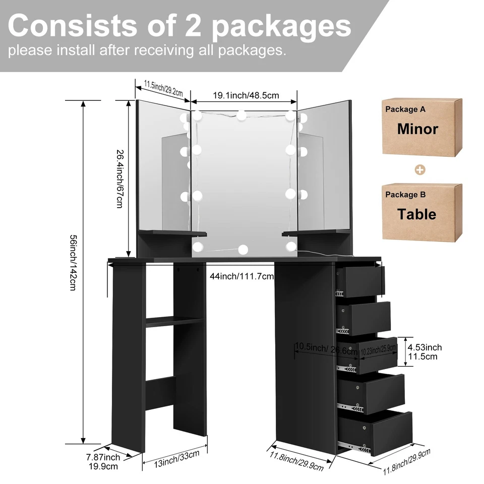 Juego de mesa tocador de maquillaje con espejo iluminado con 5 cajones para dormitorio 44 pulgadas~ Foto 4 de 4