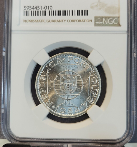 1952 ANGOLA SILVER 20 ESCUDOS PORTUGUESE REPUBLIC NGC MS 65+ BRIGHT GEM BU - Picture 3 of 3