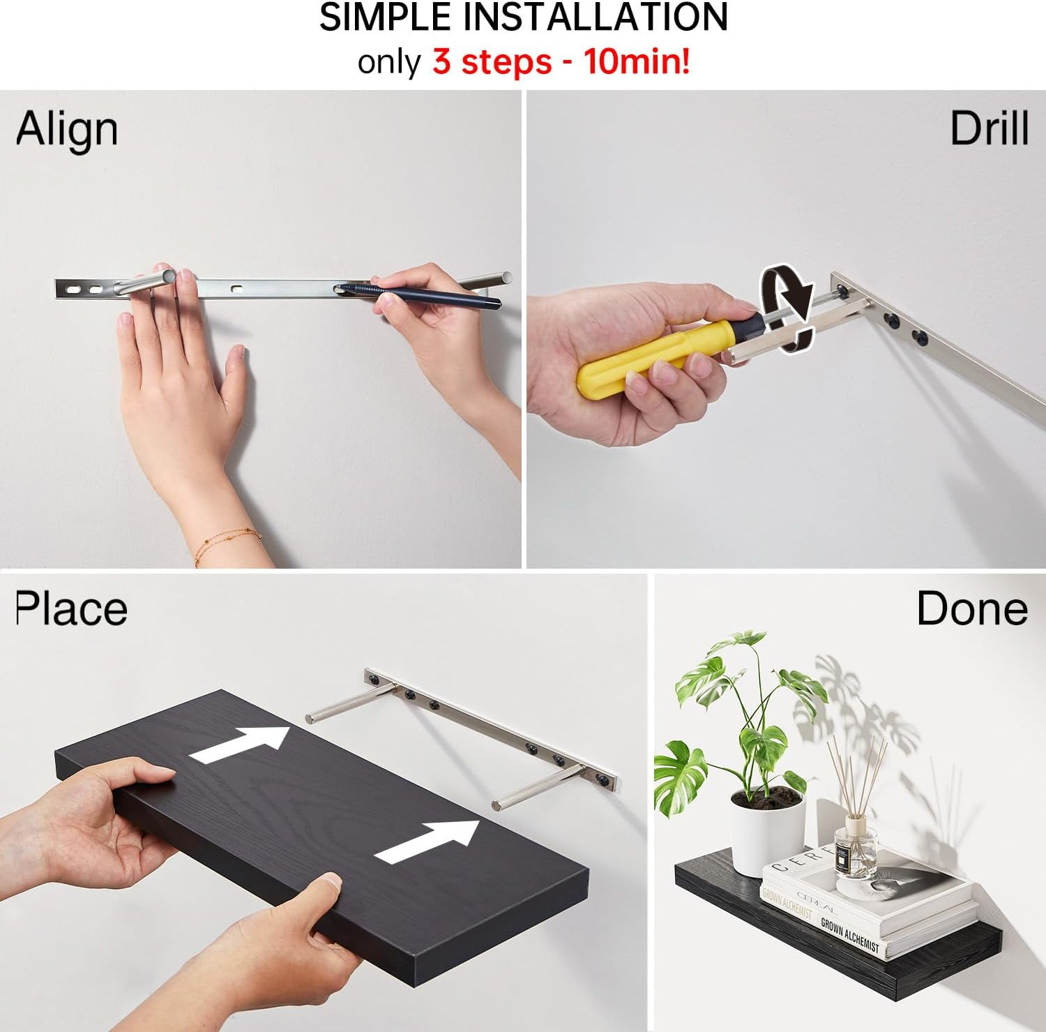 3-Pack Black Floating Wall Shelves Rustic Wood 15.7" Heavy Duty Storage Decor