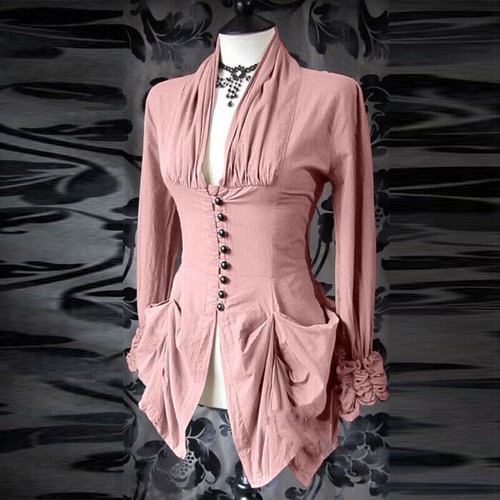 Womens Steampunk Victorian Gothic Ruffle Long Sleeve Top Blouse Vintage Shirt - Foto 11 di 14