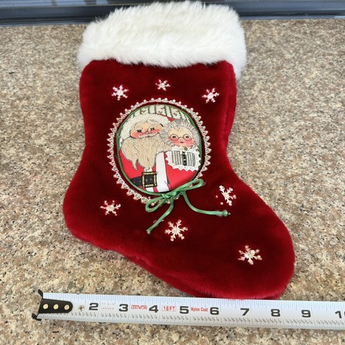 Vintage roter Samt Weihnachtsstrumpf Weihnachtsmann Frau Claus bestickt Urlaub - Bild 15 von 20