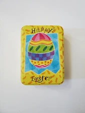 "Happy Easter" Yellow, Blue, Multi-Colored Egg EMPTY Tin Box Container Used Good
