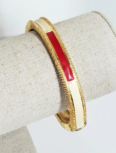 VTG POLCINI Red & Cream Enamel Hinged Minimalist Bracelet Gold-plated RARE - Picture 2 of 11