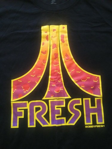 Bobby Fresh Black T-Shirt Size Large Bright Atari Like Image Short Sleeve - Picture 2 of 5