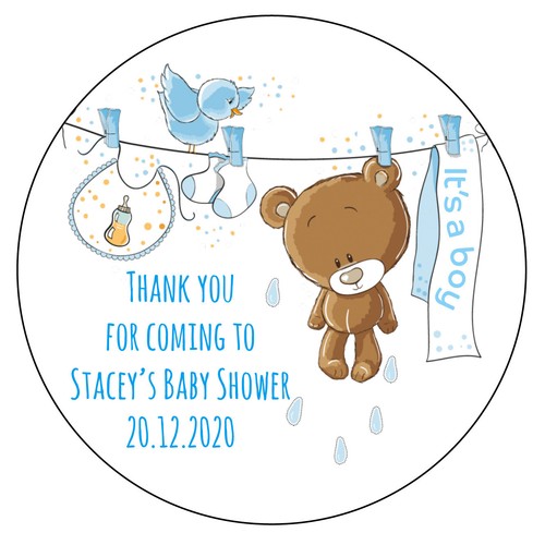 Personalised Teddy Baby Shower Gender Boy Party Stickers Sweet Bags Seals 1023 - Picture 3 of 3