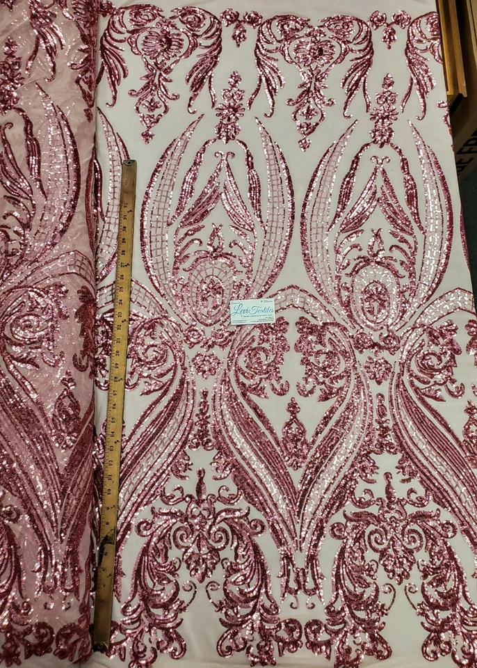 Pink "Hourglass Design" Stretch Nylon Spandex Mesh Sequin Fabric DIY Dress BTY - Image 2 of 4