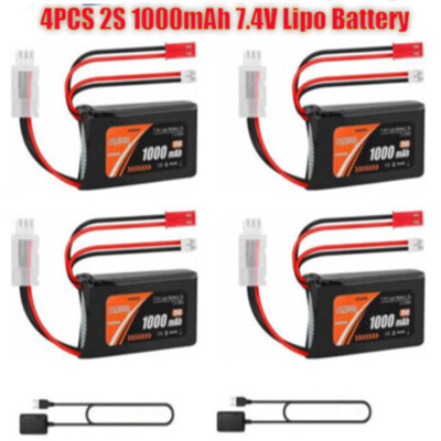4x 1000mAh 7,4V 2S Lipo Akku SCX24 Akkus PH2.0&JST Stecker 35C mit USB Ladegerät