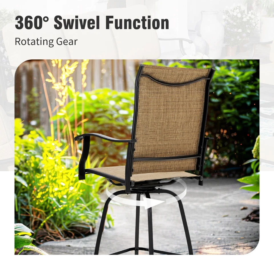 Outdoor Swivel Bar Stools With Arms Set of 4 Patio Bar Height Sling Chairs Brown - Image 4 of 4