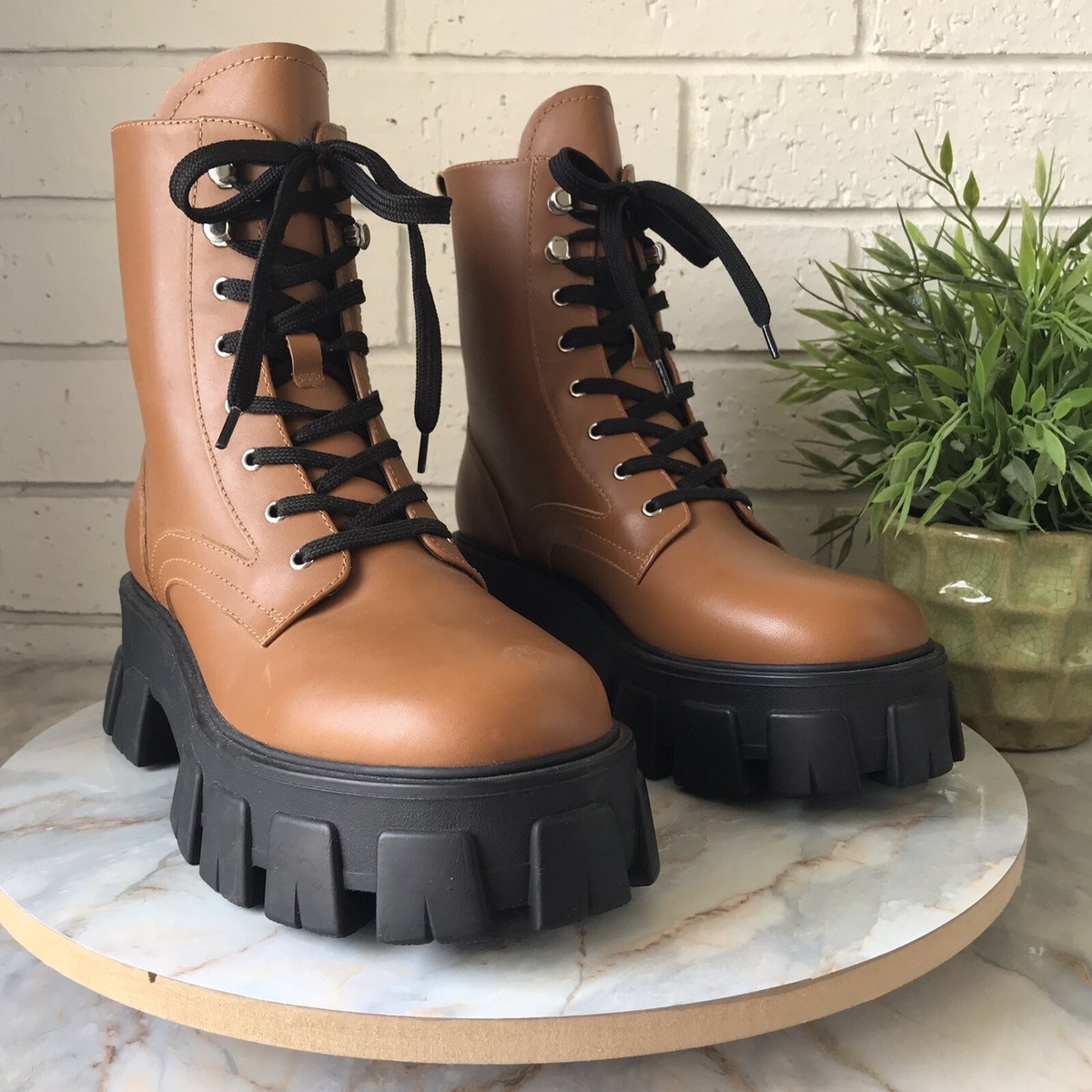 Marc Fisher Tan Leather Combat Boots with Black Lug Soles Women main image 3