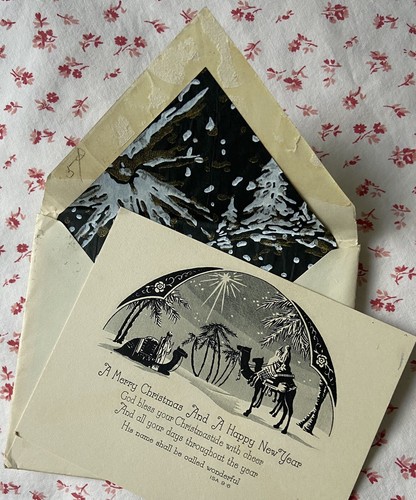 Tarjeta de felicitación vintage de los años 30 Navidad Wisemen estrella camellos 3 reyes palmeras - Imagen 4 de 5