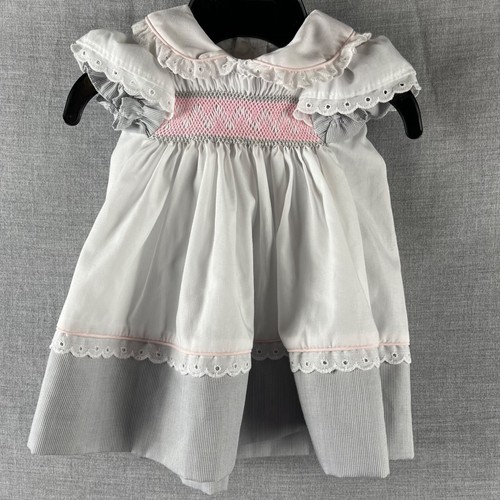 Vintage Polly Flinders Babydoll Dress 3 Months White Grey Smocked Eyelet Trim