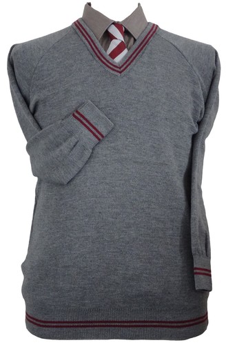 Grey WOOLLEN School Uniform Jumpers Many Trim Colours - Trim At Neck Cuffs Welt - Picture 6 of 22