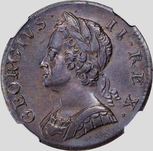 ENGLAND GEORGE II 1749 1/2D HALF PENNY COIN NGC CERTIFIED ALMOST UNCIRCULATED 58