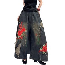 New Women Retro Wide Leg Jeans High Waist Baggy Denim Pants Trousers Casual