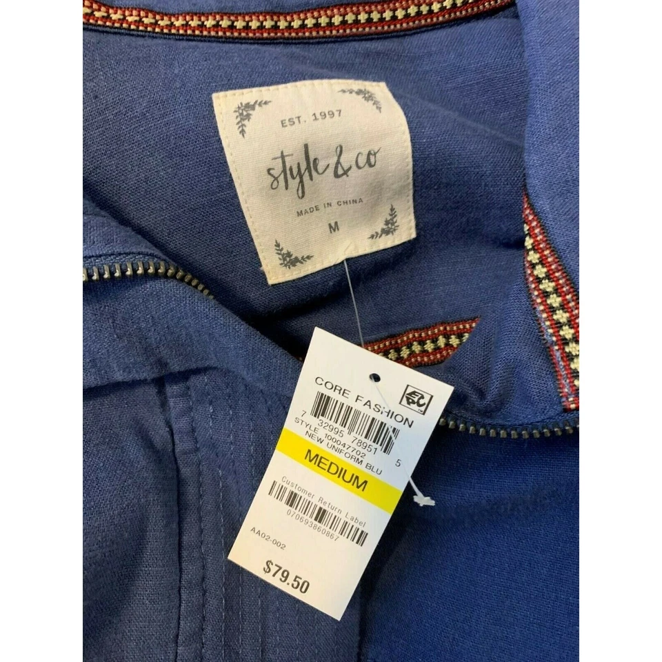 Style & Co Blue Roll Tab Sleeves zipper Jacket size M - Image 3 of 4