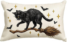 Halloween Decorations Black Cat Magic Broom Bats Throw Pillow Cover Gift 12X20"