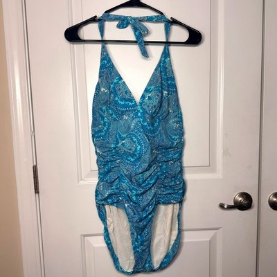 Aerin Rose Blue Paisley Ruched Halter One Piece Swimsuit Underwire Support Sz M