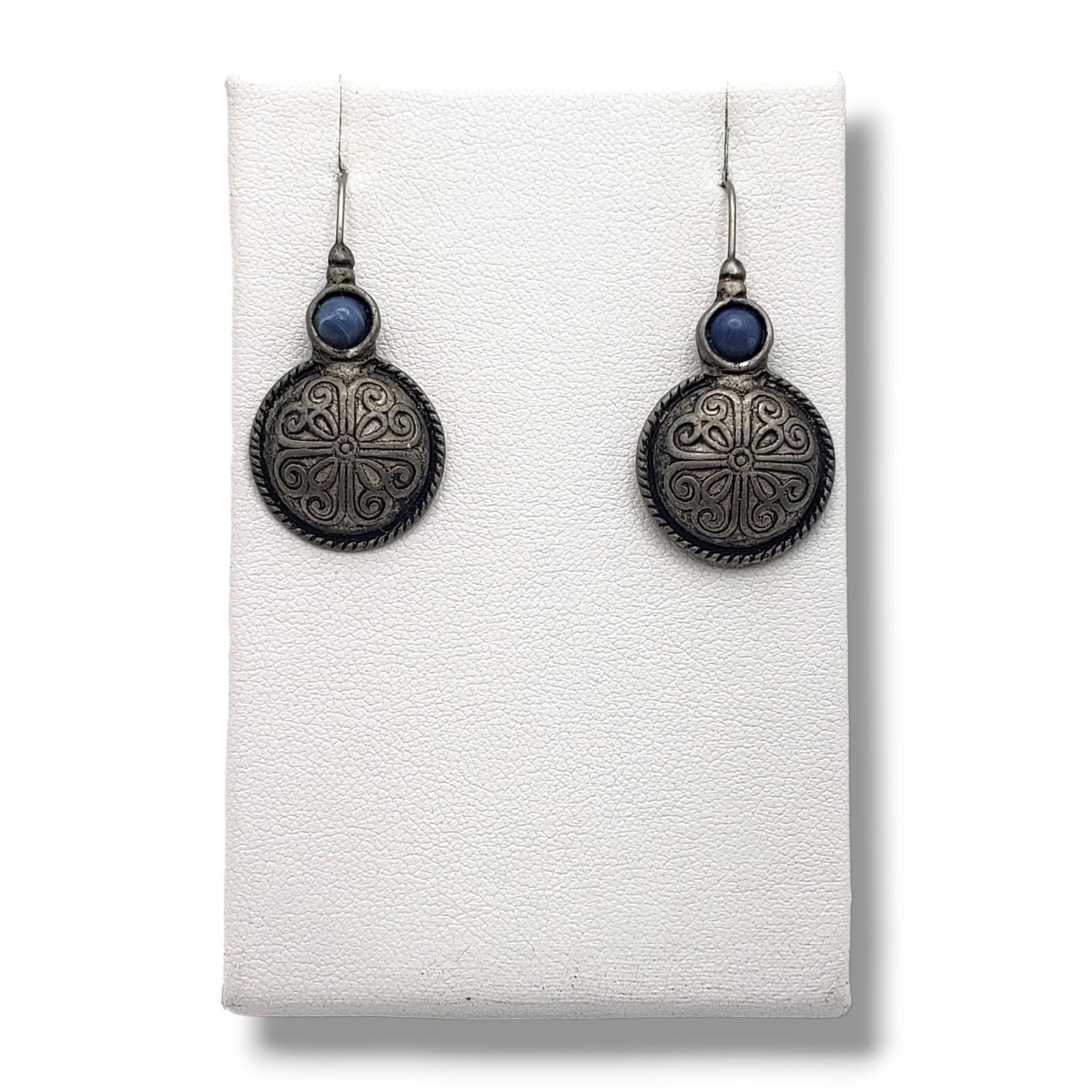 Antiqued Silver Medallion Scrollwork Dangle Drop … - image 3