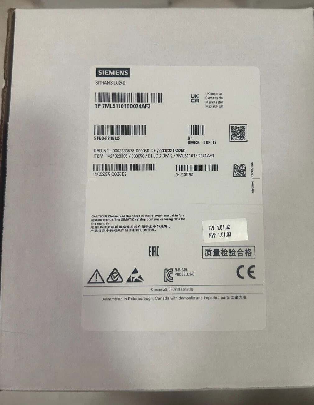 Siemens 7ML5110-1ED07-4AF3 Ultrasonic Level Transmitter, Liquid Level Measurable