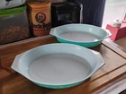 LOT 2 UNUSED VINTAGE PYREX CASSEROLE DISH SNOWFLAKE TURQUOISE 1 1/2 QUARTS 1950s