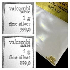 LOT 2 X 1 GRAM .999 SILVER VALCAMBI COMBIBAR BU +10 PIECE ALASKAN GOLD NUGGETS