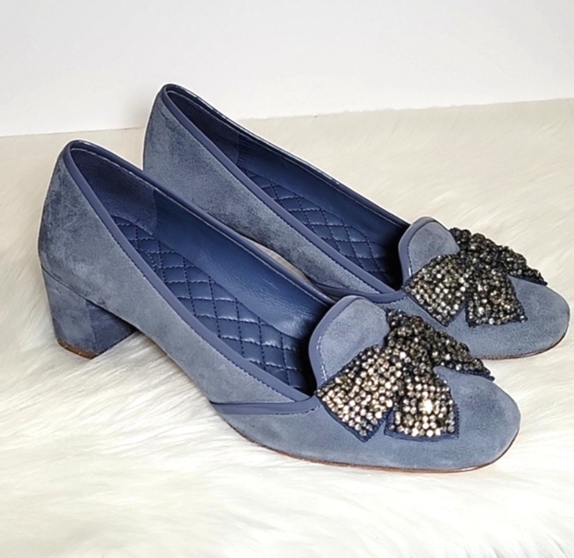 Tory Burch Carissa suede embellish jeweled bow pumps women's size 8.5M in blue