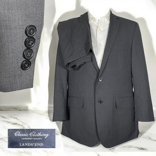Lands End 2-Teiler Anzug Herren 42R 34x30 grau feste Wolle doppelt belüftet zwei Knöpfe