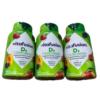Vitafusion D3  Gummies 50 MCG Berry Peach Flavor 150 Count, March 2027,  3 Pack