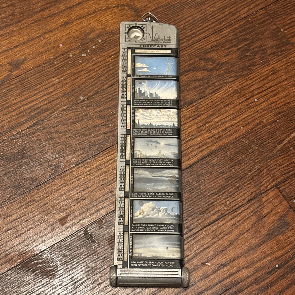 A 1949 meteorological forecast guide complete with its original box — a charming pre-digital weather manual that doubles as a slice of mid-century science history.