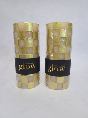 Mackenzie Childs Gold & Ivory Check Pillar Candles - Set Of Two (2)
