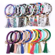Wristlet Keychain Circle Cute O Key Chain Ring Bangle  PU Leather Tassel Fashion