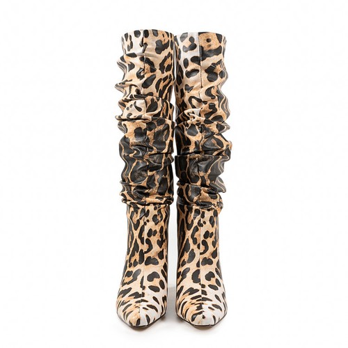 Womens Pointed Toe Slouch Knee High Boots Block Heel Leopard Print Knight Riding - 第 7/25 張圖片