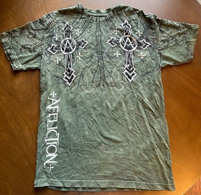 Affliction T-Shirt Medium EXCLUSIVE DESIGN on FRONT & BACK Green Graphic Tee 