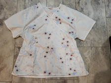 Cherokee Scrubs Top Mock Wrap White Embroidery Floral Prints Women's Plus Sz 3X