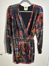 FARM RIO Multicolor XS Long Sleeve Mini Dress Cross Over Tie & Snap Closure