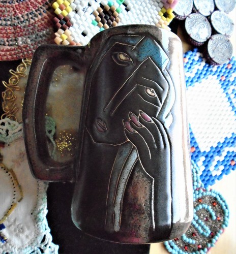 Mara Mexico Mod Women Faces Oversized Mug Hand Etched Art Pottery signed - Bild 10 von 12