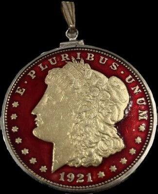 1921 Morgan Silver Dollar Colorized Enameled In Sterling Silver Bezel  Pendant
