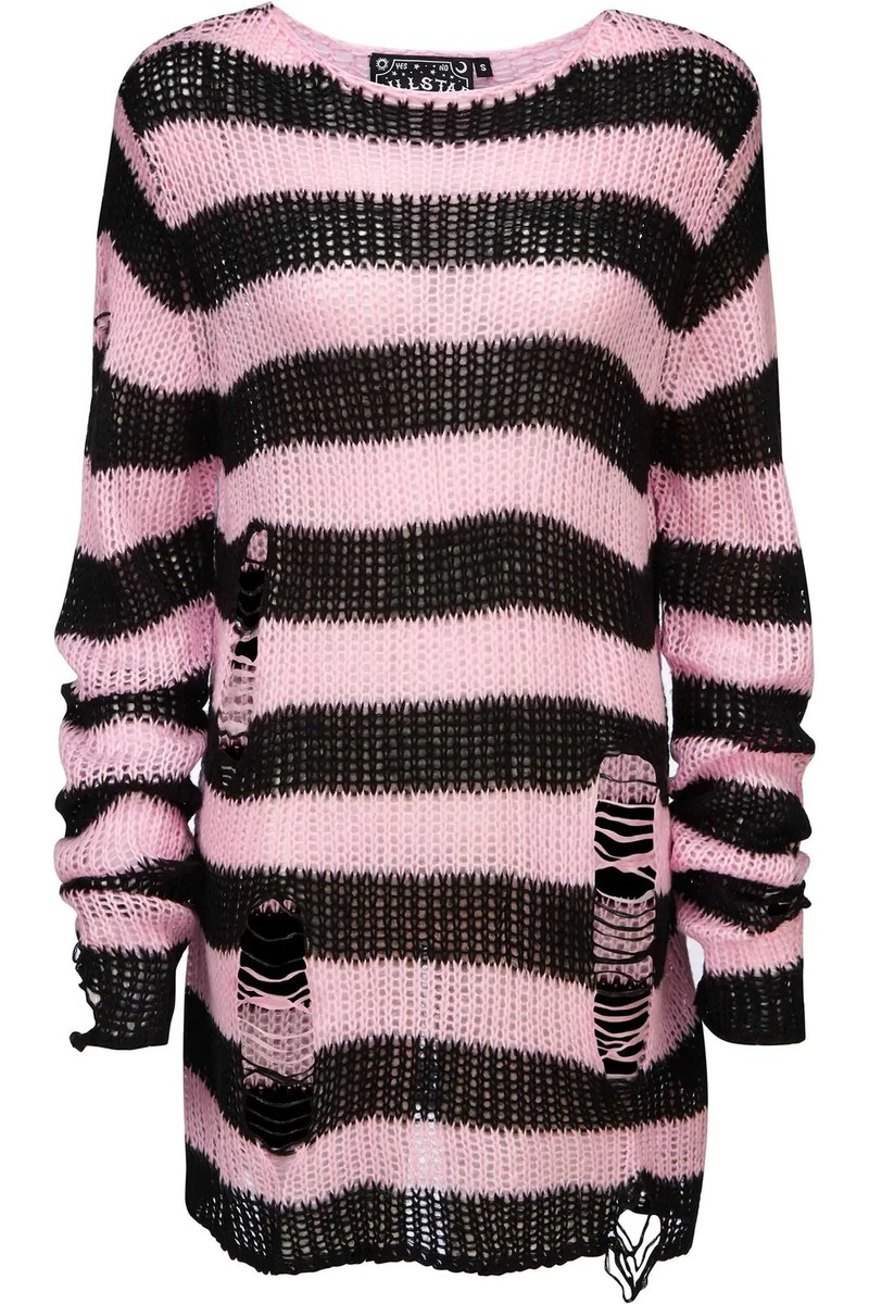 Killstar Bad Blossoms Knit Sweater Pink And Black Distressed