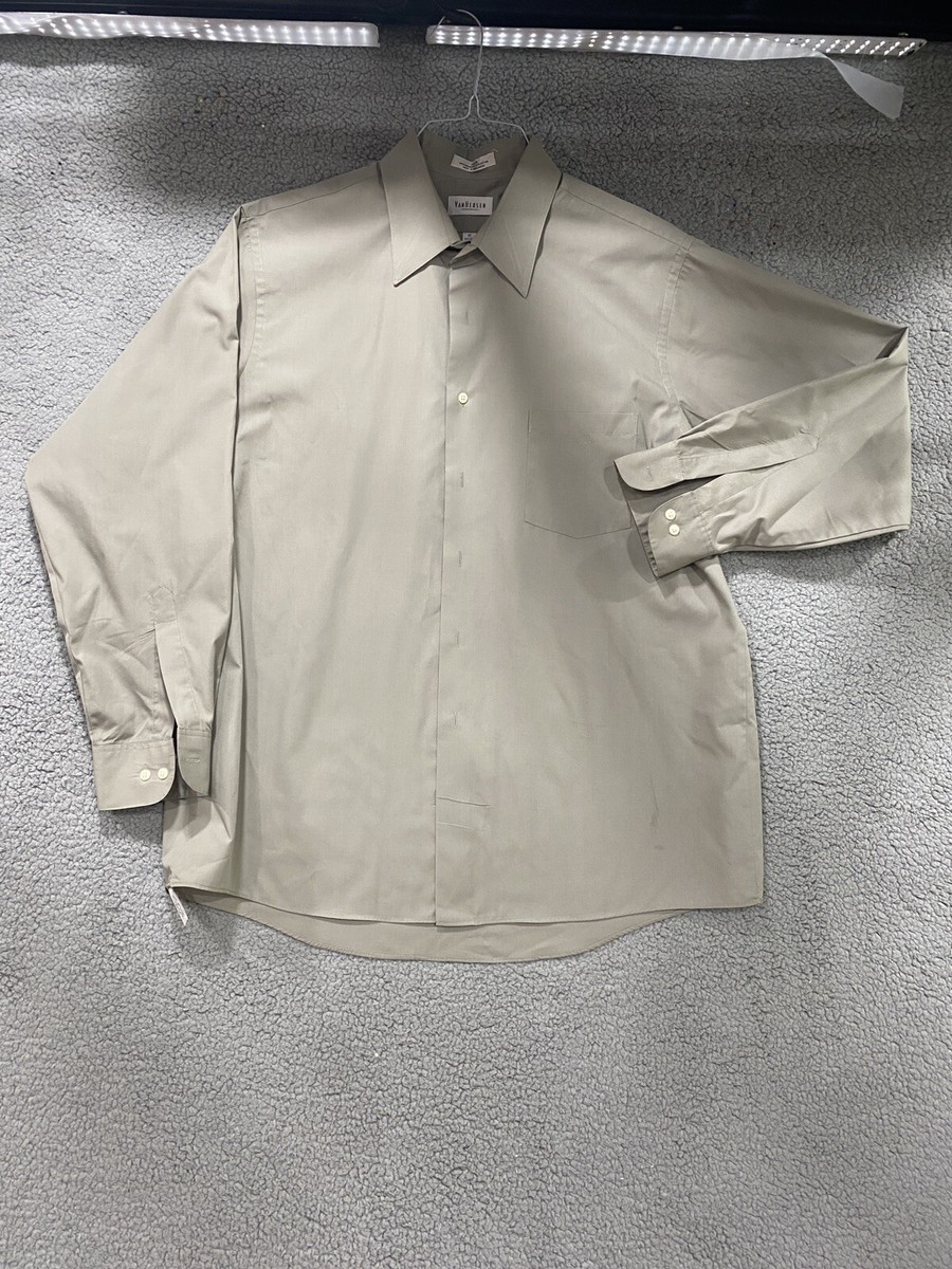 Van Heusen Men's Button Down Dress Shirt Long Sleeve Gray Khaki Size 17  34/35