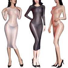 Sexy Womens Glossy See-through Bodycon Midi Dress Long Sleeve Lingerie Nightwear