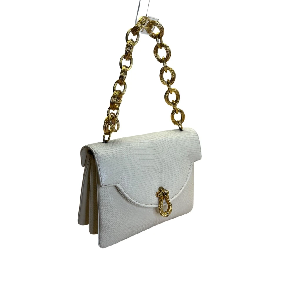 Vintage Finesse White Faux Lizard Leather Handbag Gold Chain Strap & Twist Clasp - Image 4 of 4